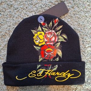 Ed Hardy Black Beanie with Floral Design